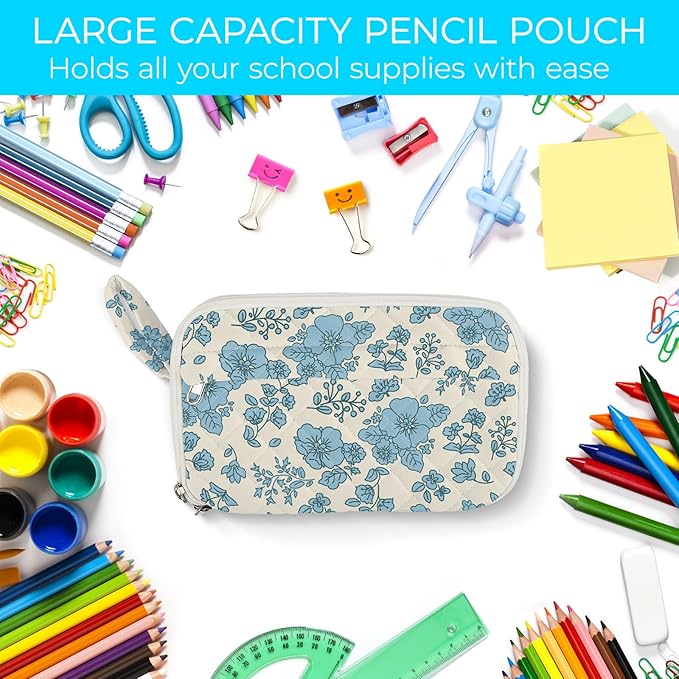 WOBAGMEN Quilted Pencil Pouch for Girls Women, Large Pencil Case Pouch with Compartments Cute Aesthetic Pencil Case Organizer, Floral Pencil Bag for School Supplies (blue floral)