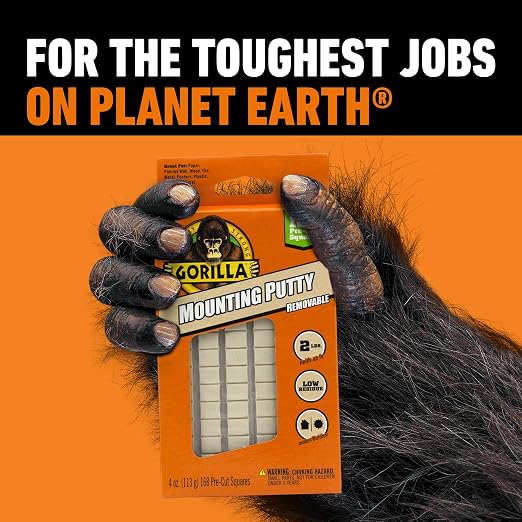 Gorilla Removable Mounting Putty Reusable & Repositionable Adhesive 84 Count Pre-Cut Squares (Pack of 3) Holds 2 lbs Back to School Supplies for Teachers Students Parents, Indoor Outdoor