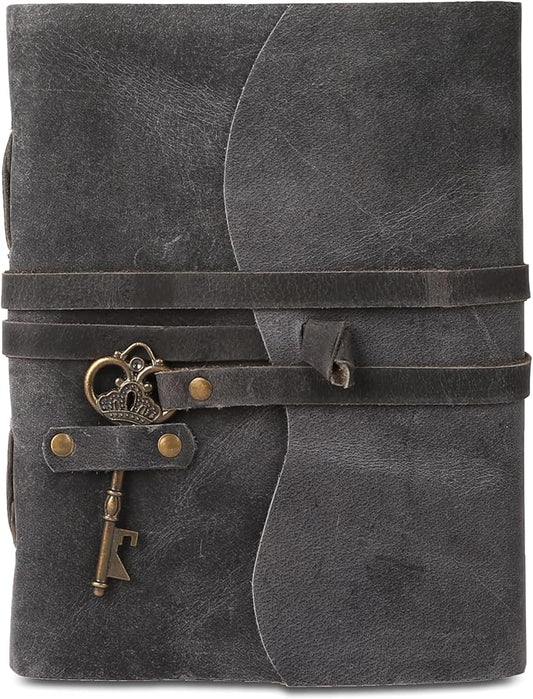 Leather Journal with Deckle Edge Paper 8x6 inch and Vintage Key | Handmade Writing Notebook Diary | Bound Daily Notepad for Men & Women Medium, Sketch/Writing pad for Artists