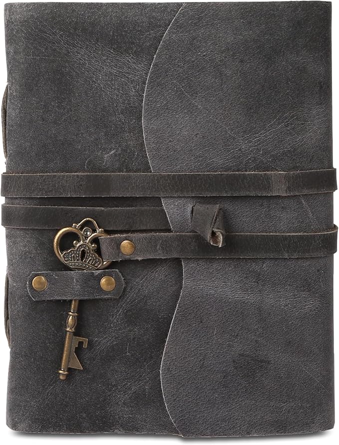 Leather Journal with Deckle Edge Paper 8x6 inch and Vintage Key | Handmade Writing Notebook Diary | Bound Daily Notepad for Men & Women Medium, Sketch/Writing pad for Artists
