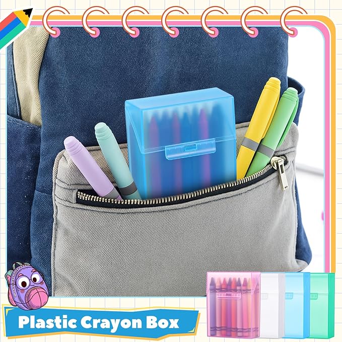 Clabby 4 Pcs Plastic Clear Crayon Box Bulk Holds 24 Crayon With Hinged Lid and Snap Closure for Pens School Office Supply Organization (Pink,Blue,Green,Clear)