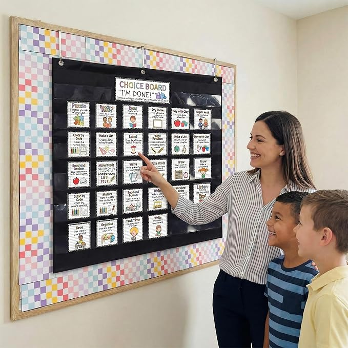 SATINIOR 32 Pcs Pocket Chart for Classroom Jobs Daily Schedule Pocket Chart 28 × 28 Inch When I'm Done Charts with Cards for Fast Finisher Activities K 2 School Teacher Back to School Must Haves