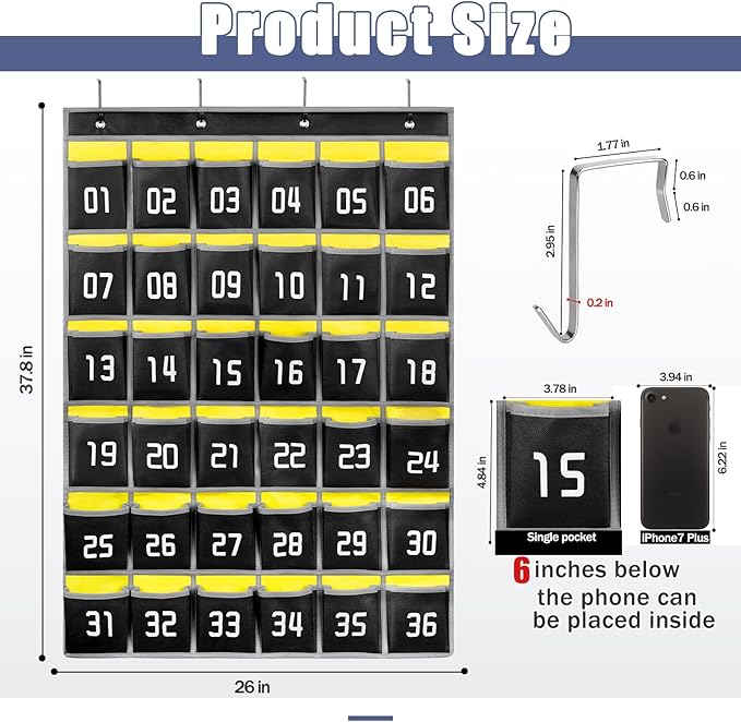 Loghot Classroom Accessories Closet Pocket Chart for Cell Phones Holder Wall Door Hanging Organizer (36 Pockets Black)