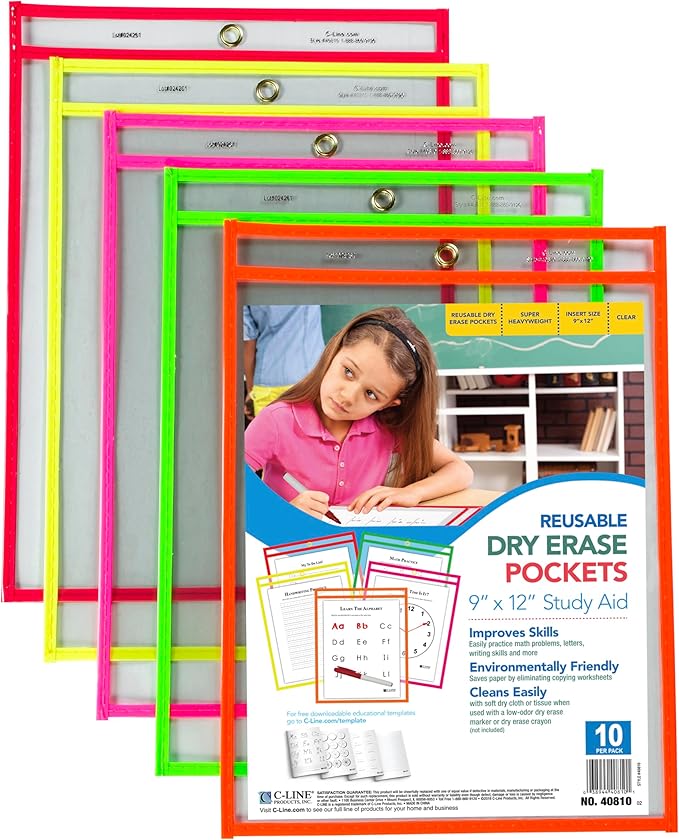 C-Line Reusable Dry Erase Pockets, 9 x 12 Inches, Assorted Neon Colors, 10 Pockets per Pack (40810)