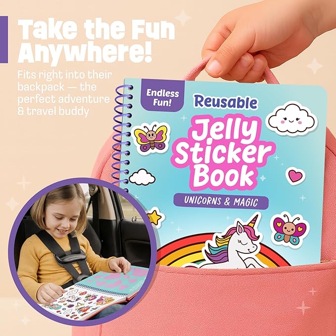 Unicorn Sticker Book - 50 Reusable Stickers for Girls - Unicorn Toys for Ages 3-5, No Mess Travel Toys & Road Trip Activities for Kids - Reusable Sticker Books for Toddlers 1-3 2-4, Litlte Girl Gift