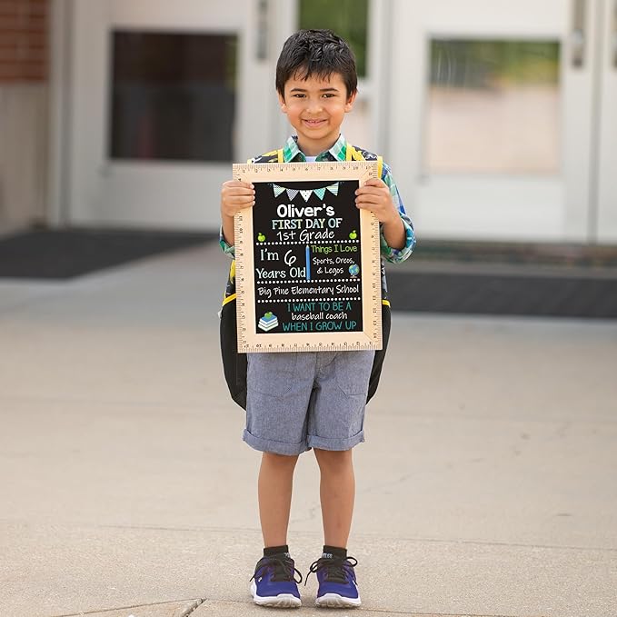 Bloom Owl First Day of School Chalkboard Sign - 11.5"x15" Reusable Back to School Photo Prop with Wooden Ruler Frame for Preschool, Kindergarten, and Beyond