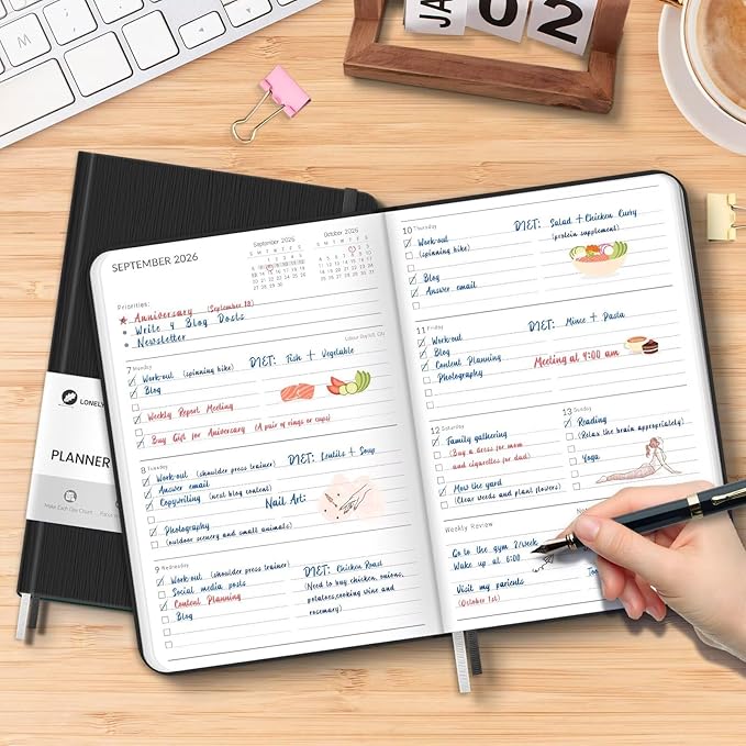 Lonely Oak Academic Planner 2026-2027, A5 Daily Weekly and Monthly Planner 5.75" x 8.4", 13 Months Faux Leather School Year Agenda from Jul.2026 to Jul.2027 for Student and Teacher (Black)