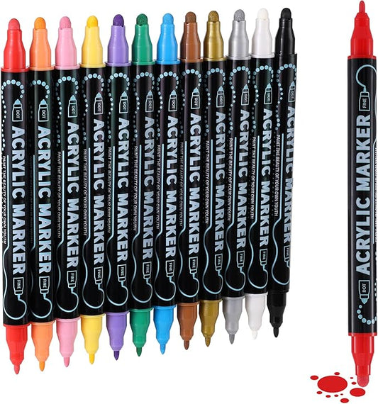 nauets 12 Colors Acrylic Paint Markers, Premium Dot & Fine Dual Tip Acrylic Paint Pens for Rock, Wood, Fabric, Canvas, Glass, Paper, Ceramic, Scrapbook, Vision Board and DIY Crafts Supplies Art Gifts