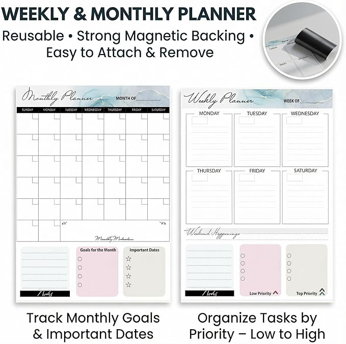 Magnetic Dry Erase Board 12x16 with Foldable Stand, Portable Black Desktop Whiteboard for Home, Office, School & Kitchen, Includes Weekly & Monthly Magnetic Planner Sheets