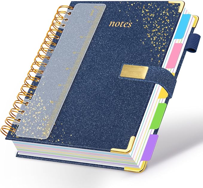 Spiral Notebook Journal 6.2''x 8.2'' 5 Subject Notebook with Dividers, 300 Pages Notebook College Ruled with Magnetic Closure, A5 Tabbed Notebooks for Work School, Sparkle Journal for Women(Dark Blue)