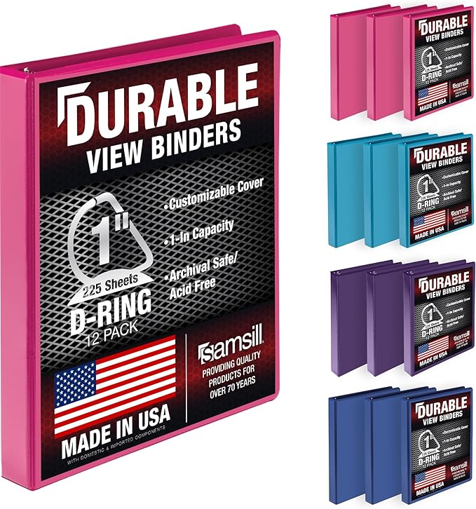Samsill Durable 1 inch 3 Ring Binder, D Ring Binder, 100% Recycled Chipboard, Fashion Assortment, 12 Pack