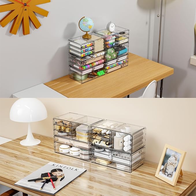 Yieach 2 Pack Acrylic Storage Drawers With 12 Small Drawer,Stackable Office Cabinet Organizer and Makeup Organizer,Clear Plastic Drawers for Craft Supply,Pen,Stationary,Accessory,Makeup,Desk Organizer
