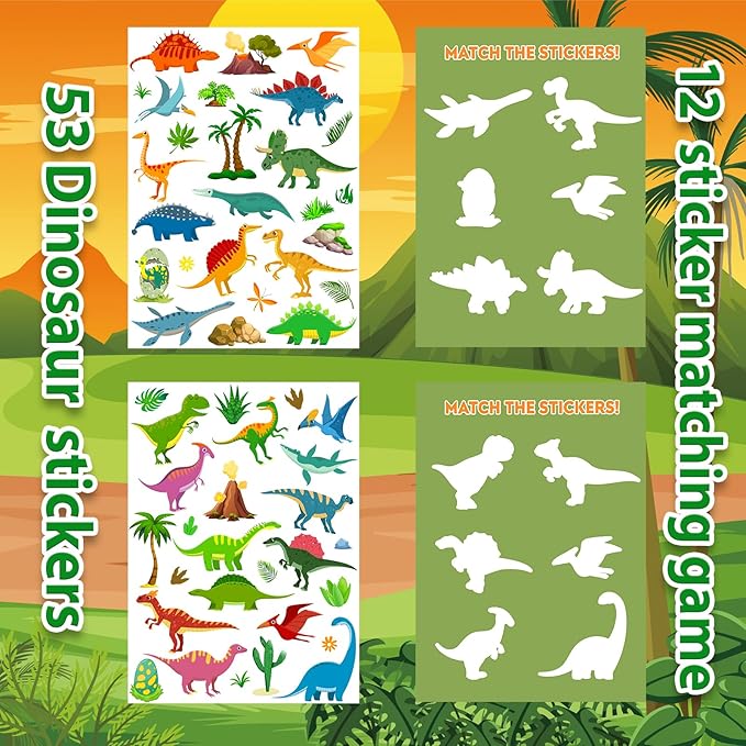 Reusable Sticker Book for Kids 1-3, Jelly Sticker Books for Toddlers 2-4 Years, Dinosaur Stickers for Kids, Toddler Easter Basket Stuffers＆Travel Essentials Plane Activities (Dinosaur)