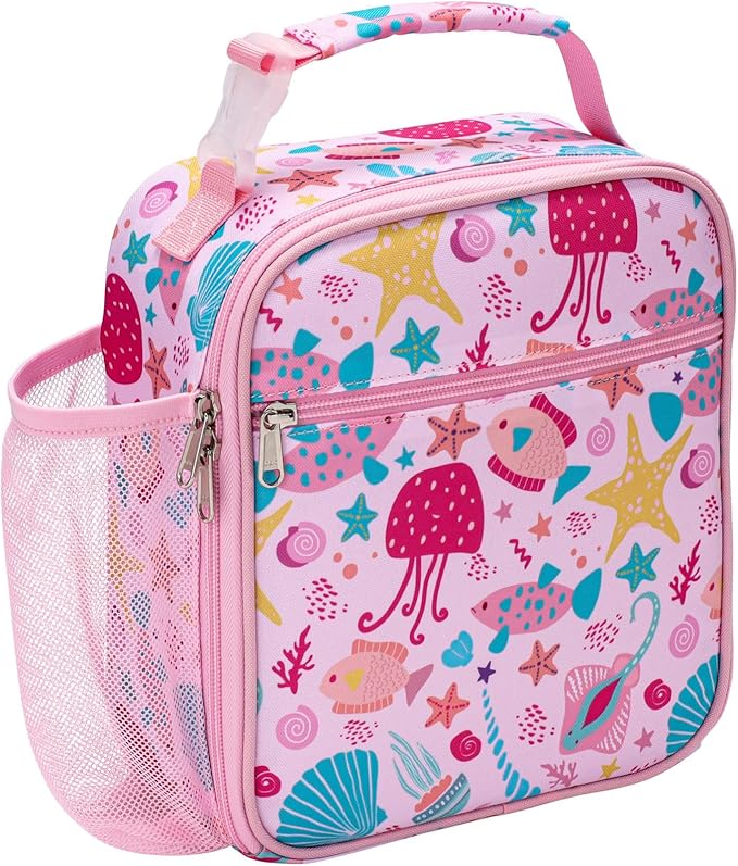 Bagseri Kids Lunch Box for Girls - Insulated Toddler Lunch Bag Fits Bento Box, Reusable Daycare Cooler Tote with Clip Handle, Water-Resistant Lining, Pink Sea World