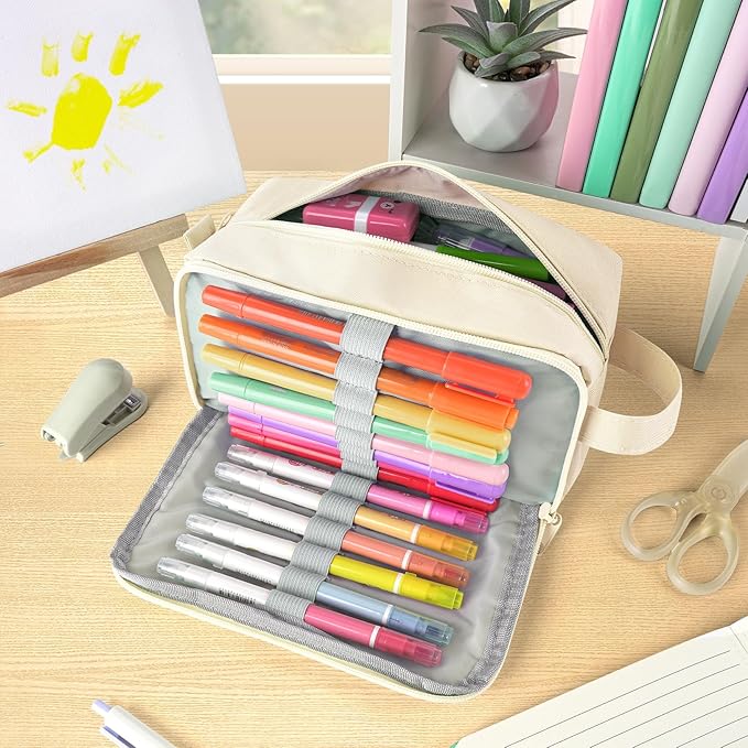 Sooez Original High Capacity Pencil Case, Big Pencil Bag Pouch Box Organizer Pen Case, Aesthetic Supply for Girls Adults, Portable Journaling Supplies with Easy Grip Handle & Loop, Beige