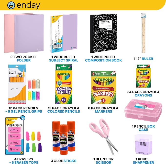 Enday Back to School Supplies for Kids - Pastel Kids School Supply Box, School Supplies Kit with Folders, Notebook, Composition Book, Pencils, Scissors, Markers, Crayons & Glue Sticks