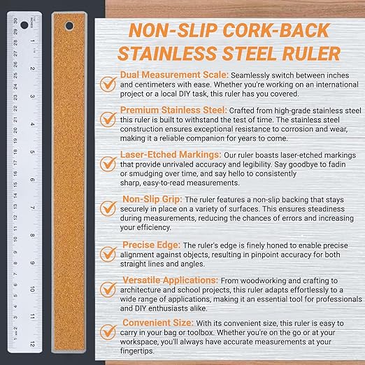Stainless Steel Metal Ruler with Non-Slip Cork Back for Home Improvement, Planner Accessories, College School Supplies, Drafting Tools, Architecture Supplies, 30.5 Centimeters & 12 inches