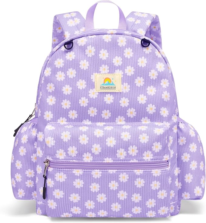 STEAMEDBUN Corduroy Kids Backpack for Girls and Boys 5-8: Girls Backpack for Elementary Kindergarten - 15 inch Cute Backpacks for Kids - Purple Daisy