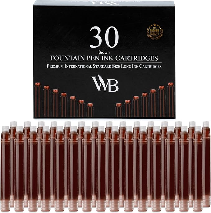 Wordsworth & Black 30 Pack Fountain Pen Ink Refills - Set of 30 Brown Ink Cartridges - International Standard Size - Length APPR 2.3" - Base Diameter APPR 0.24" - Disposable and Generic