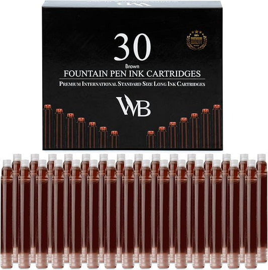 Wordsworth & Black 30 Pack Fountain Pen Ink Refills - Set of 30 Brown Ink Cartridges - International Standard Size - Length APPR 2.3" - Base Diameter APPR 0.24" - Disposable and Generic