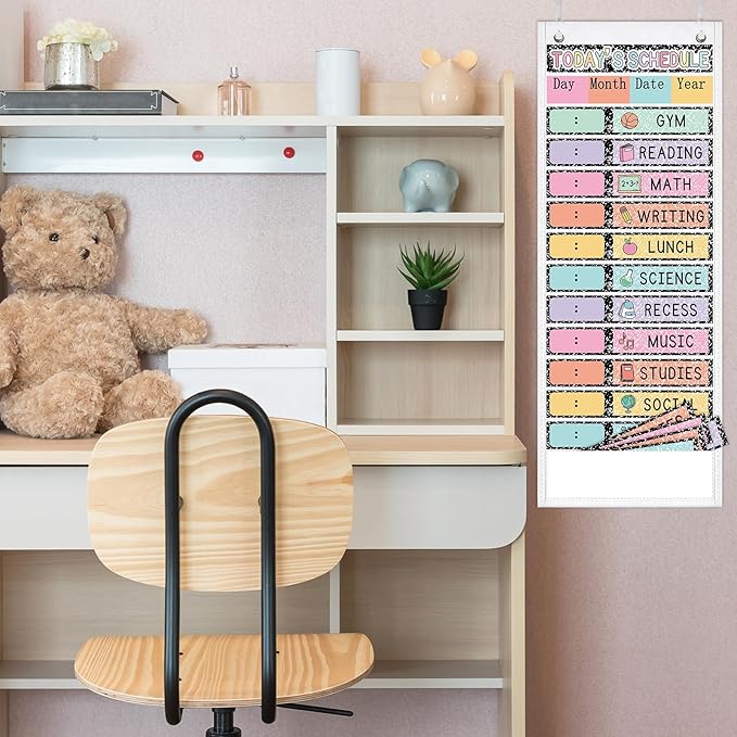 JarThenaAMCS Pastel Composition Daily Schedule Pocket Chart 13 x 35.5 in Back to School 13 + 1 Pocket Visual Schedule Chart Board with 24 Card for Classroom Home Office Supplies