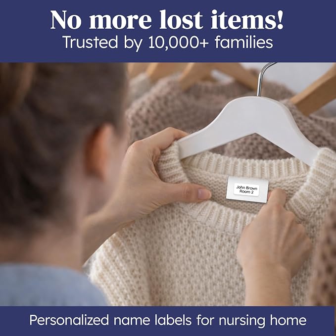 Clothing Labels for Nursing Home (140), No-Iron, Washable & Personalized Name Tags for Clothes, Items and Nursing Home Supplies (1.2” x 0.5”) - Blue