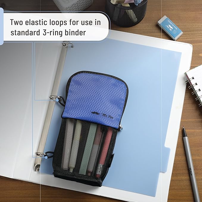 Mr. Pen- Standing Pencil Case Pouch, Sit & Lay Mesh-View Design, Black & Blue, Interior Pocket & 2 Elastic Binder Loops, Cute Pencil Case for Girls and Boys