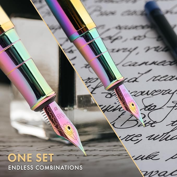 Wordsworth & Black Fountain Pen Set, 18K Gilded Medium and Extra Fine Nib, 25ML Black Ink Bottle, 6 Ink Cartridges,Refill Converter, Gift Box,Smooth Writing Pens [Rainbow],Gift Set for Men and Women