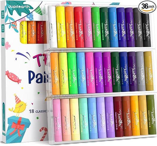 JUPITEARTH Paint Sticks for Kids 36 Colors, Quick Drying, Smooth, Non-Toxic and Washable Solid Tempera Paint Sticks with 120 PDF Coloring Pages and 30 Stickers, Toddler Art Supplies for Drawing