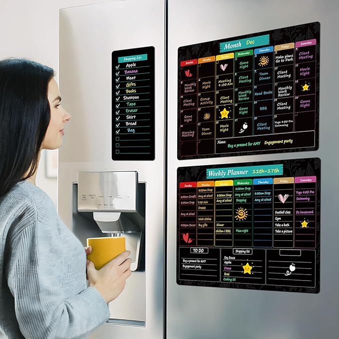 MaxGear Black Magnetic Calendar for Refrigerator, 16x12 Monthly and Weekly Dry Erase Fridge Whiteboard, Menu Schedule Planner Board, to-Do List, Notepad with 7 Markers,1 Eraser, and 1 Shopping List