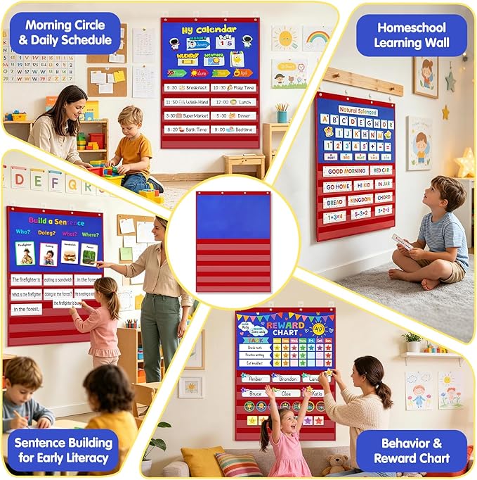 AKAYOK 2-in-1 Felt Board & Pocket Chart, 37”x28 Felt Board for Wall with 54 Self Adhesive Dots & 15 Dry Erase Sentence Strips, Flannel Boards Stories for Preschool, Early Literacy & Speech Therapy