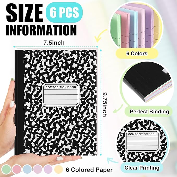 Henoyso 6 Pcs 120 Pages Colored Paper Notebooks 9.75" x 7.5" Pastel Colors Lined Paper Notebook Wide Ruled Marble Notebooks Journals Bulk for Office Supplies(Black Marble)