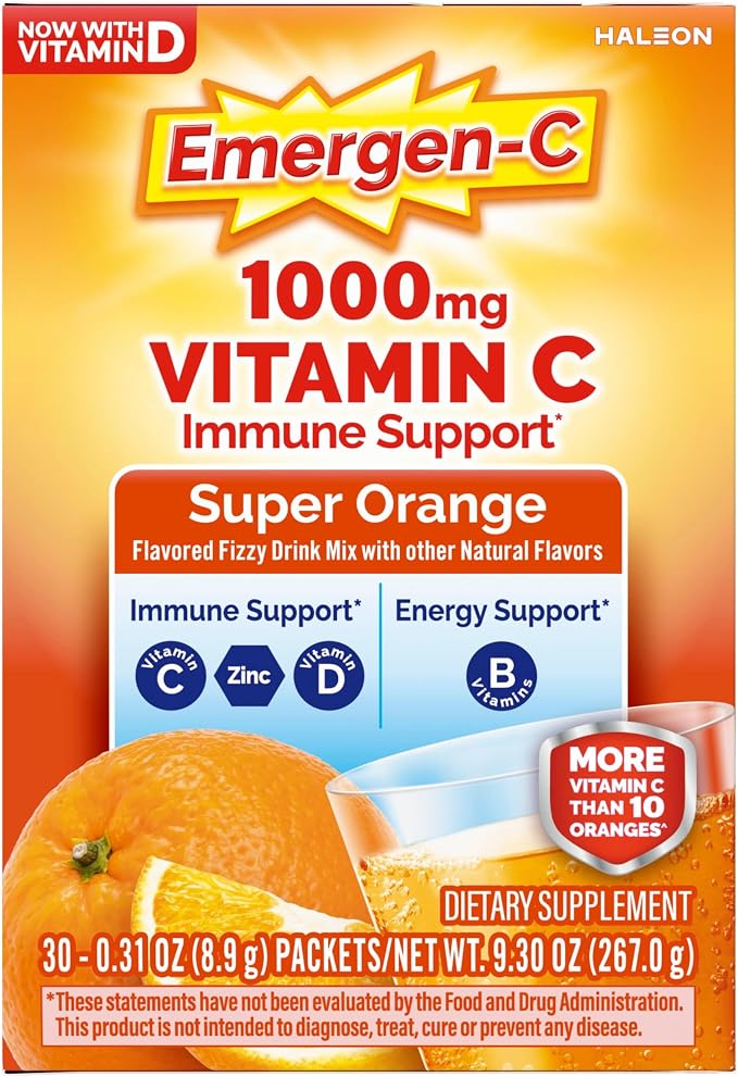 Emergen-C 1000mg Vitamin C Powder for Daily Immune Support Caffeine Free Vitamin C Supplements with Zinc and Manganese, B Vitamins and Electrolytes, Super Orange Flavor - 30 Count