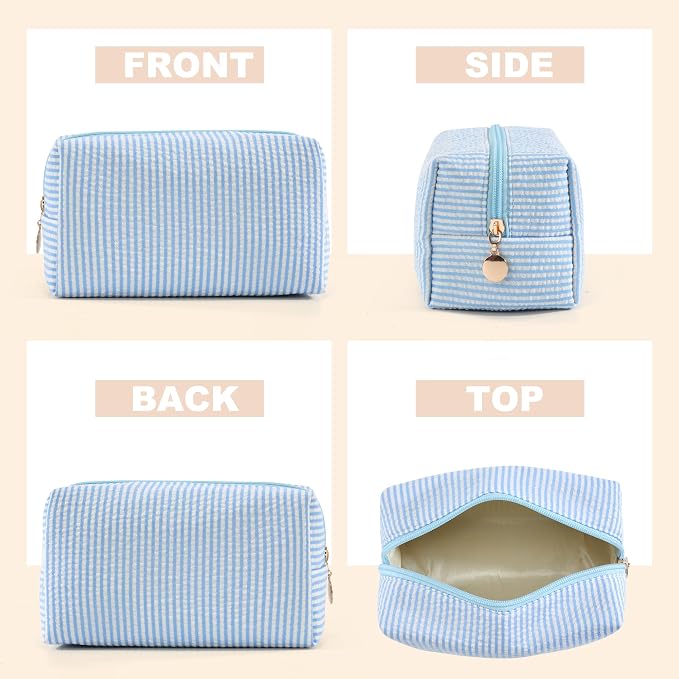 4PCS Makeup Bag Travel Toiletry Bag for Women, Small Cosmetic Bags Cute Blue Stripe Aesthetic Organizer Makeup Pouch for Purse Emergency Bag Pencil Case Accessory Bag