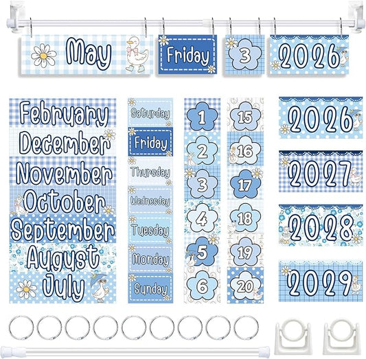 TecUnite Silly Goose Calendar Bulletin Board Set 2026-2029 Blue Silly Goose Flip Calendar for Classroom Decor with Adjustable Holder 54 Date Cards for Preschool Elementary Back to School Supplies