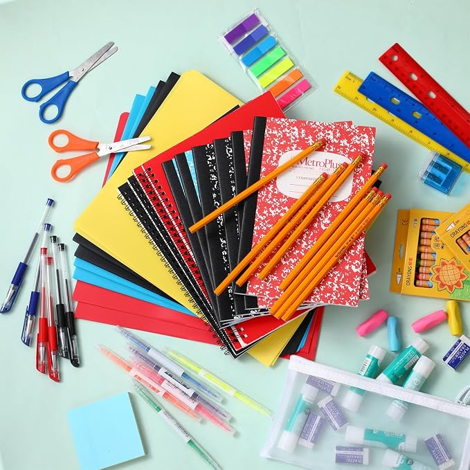 Gilprop 176 Pcs School Supply Kit 2 Set Back to School Supplies for Students Essential Bundle Kit Include Pencil Notebook Ruler Glue Scissor Sticky Note Eraser Pencil Sharpener