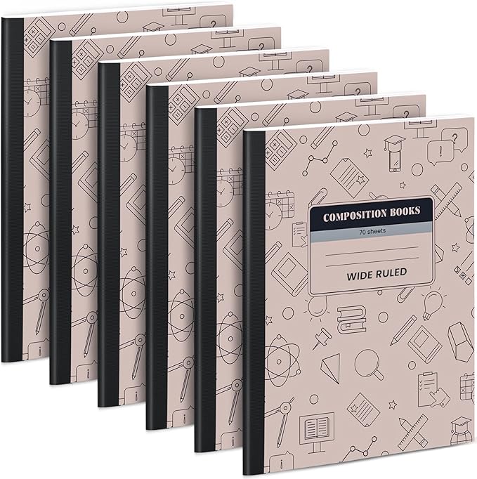 Oucaru Composition Notebook 6 Pack Wide Ruled, Brown Cover Notebooks for School, 70 Sheets 7-1/2"x9-3/4, Back to School Supplies Journal for K-12 Students