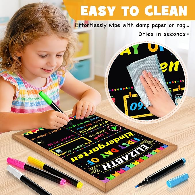 First & Last Day of School Signs with 6 Colorful Markers, 11 x 14 Inch Double Sided Back to School Board for Kids, Girls, Boys, Reusable Wooden 1st Day Chalkboard Sign of Preschool/Kindergarten