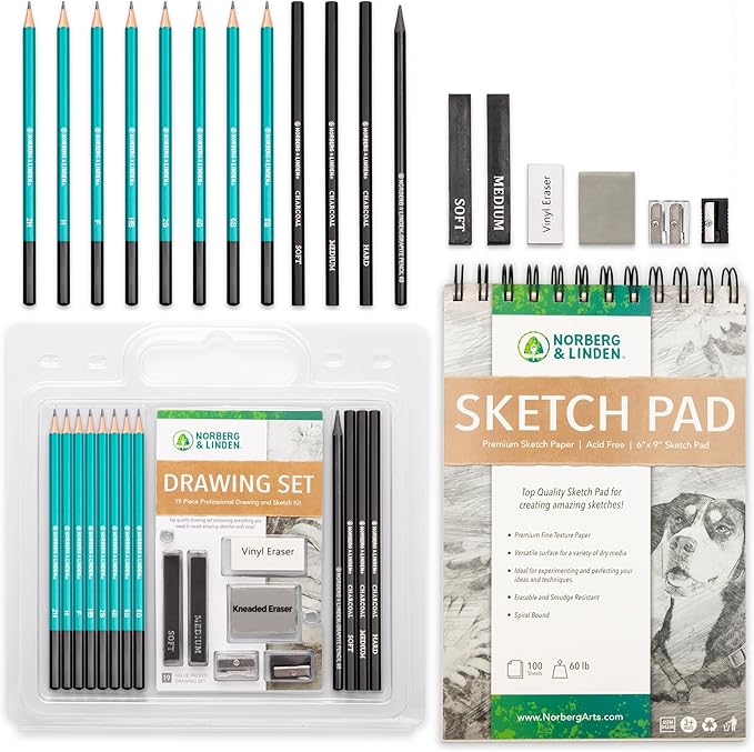 Drawing Set - Sketching and Charcoal Pencils - 100 Page Drawing Pad, Kneaded Eraser. Art Kit and Supplies for Kids, Teens and Adults, Sketch Set