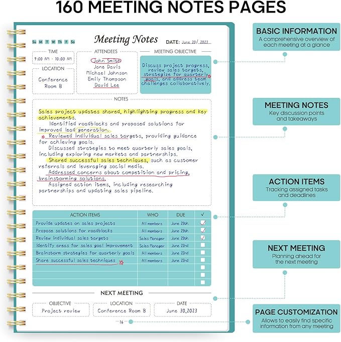 Meeting Notebook for Work Organization - Work Planner Notebook with Action Items, Agenda Planner for Note Taking, 160 Pages (6.9" X 9.9") Project Organizer for Men & Women - Blue