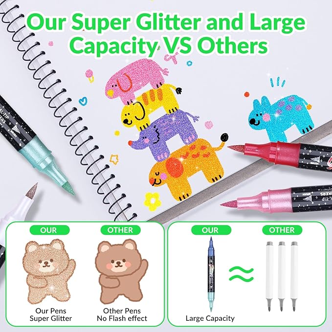 KEMYR Glitter Effect Brush Markers Pens,72 Colors Dual Tip Glitter Pens Set 36 Pack Metallic Sparkle Markers for Cards, DIY Crafts, Doodle, Writing, Adults Coloring Books, Art Supplies Scrapbooking