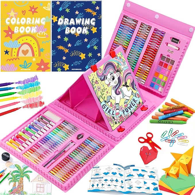 All in One Art Supplies, Art Kit Includes Origami & Paper-Cutting Crafts, Easel, Colored Pencils, Crayons, Drawing Book, Coloring Book, Watercolor Markers and More, Art Set for Kids Girls Boys, Pink