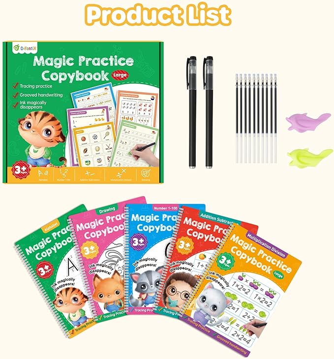 Large Magic Grooved Practice Copybook 5 Pack with Pens, Reusable Children's Magic Copybooks, Magical Handwriting Workbooks Number Letter Tracing for Kids Age 3-8 Kindergarten Preschool Calligraphy