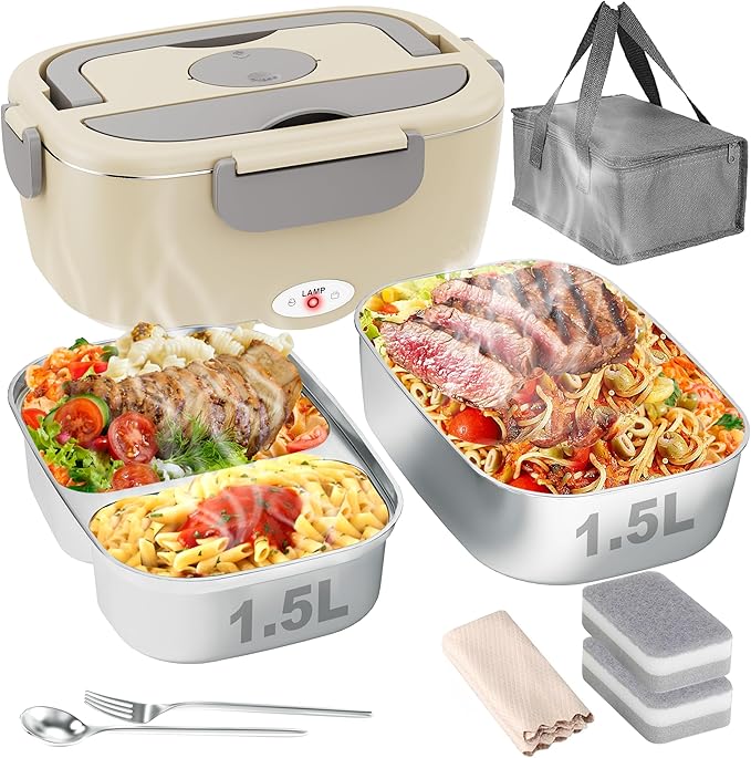 Geveniss Electric Lunch Box for Adults, Heated Lunch Box for Car and Truck, Portable Food Warmer for Office Work, 80W Fast Heating, Dual Removable 1.5L Stainless Steel Containers