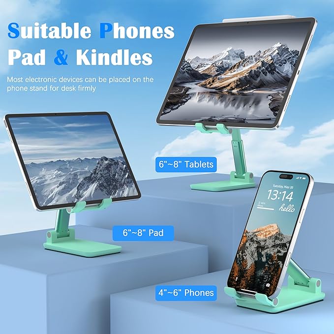 Cell Phone Stand, Adjustable Angle and Height Cell Phone Holder for Desk, Foldable and Portable, Anti-Slip Silicone Pad, Compatible with All Mobile Phones and 4-8 Inch Devices, Green