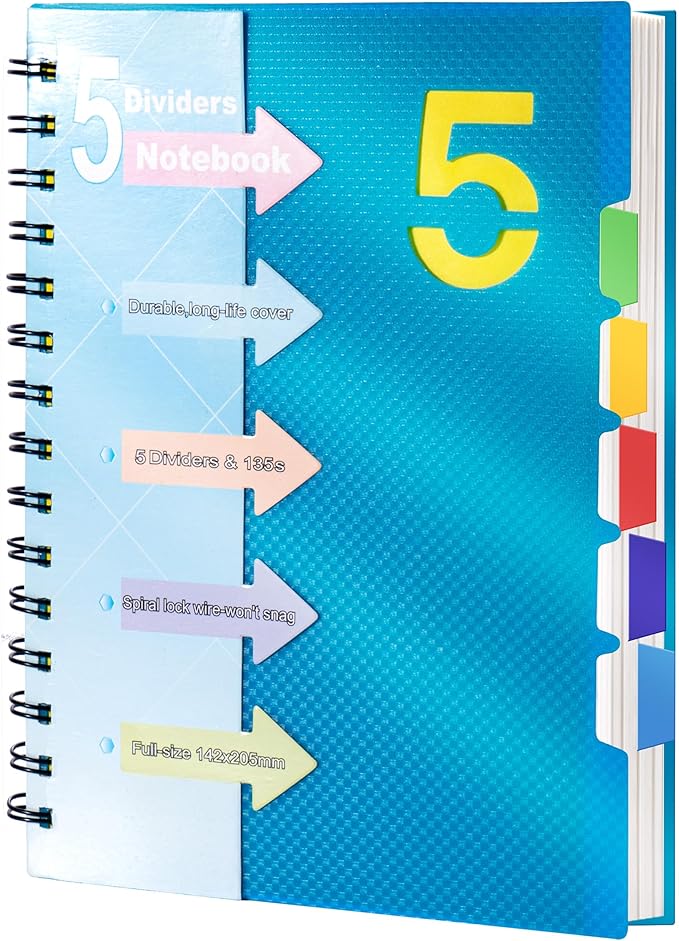 CAGIE Spiral Notebook 5x7 with Dividers 5 Subject Notebook with Tabs Wide Ruled A5 Spiral Bound Journal for Note Taking Work School Supplies, 220 Pages, Blue