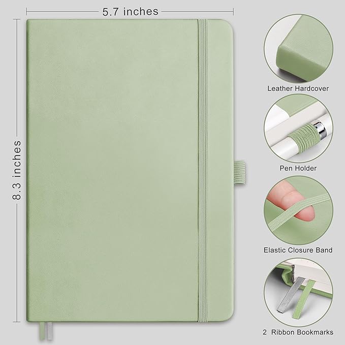 RETTACY Dotted Journal Notebook, 256 Pages, A5 Medium Size (5.7'' × 8.3''), Leather Hardcover, 120 GSM Thick Paper, for Journaling, Planning, Tracking (Light Green)
