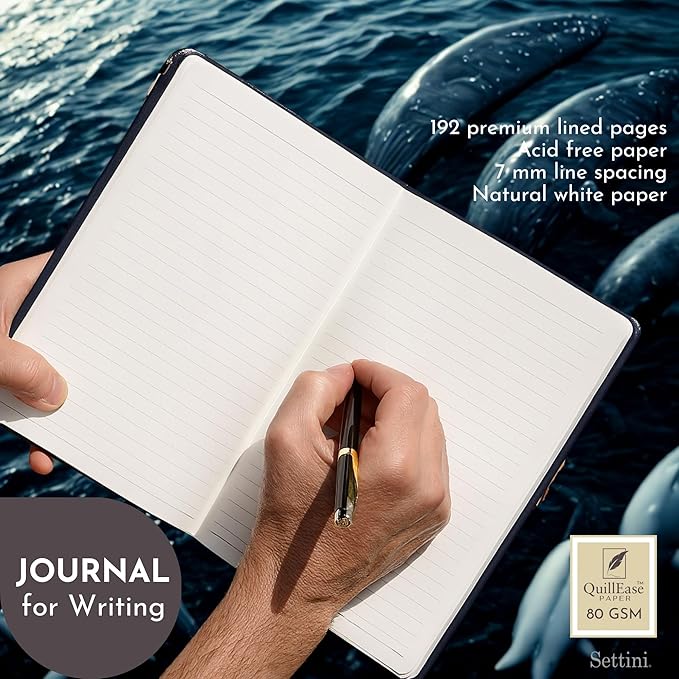 SETTINI Lined Journal, Ideal for Journaling - A5 Vegan Leather Notebook, 192 Archival-Quality Pages, QuillEase Bleed-Free Paper, Inner Pocket & Bookmark - Whale Gifts, Navy Whale