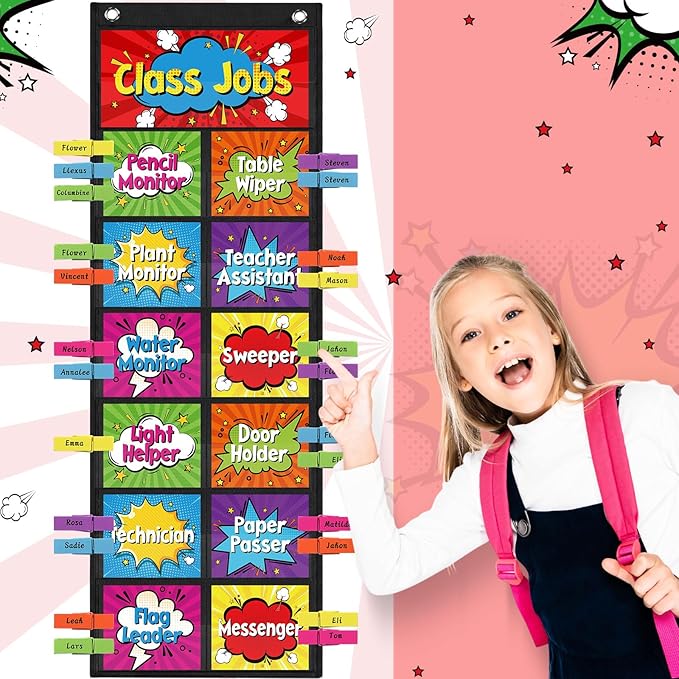 Pasimy Hero Class Jobs Pocket Chart Class Helpers Pocket Chart Classroom Jobs Cards with Clips and Hooks Teacher Helper Bulletin Board Set for Back to School Classroom Teacher Supplies