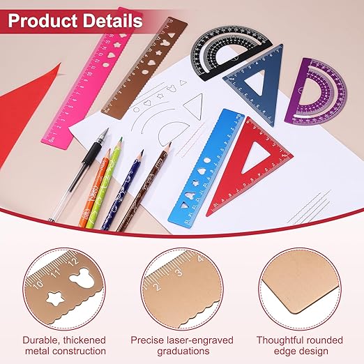 PATIKIL 4 Pcs Geometry Drafting Tool, Aluminum Alloy Geometry Kit Math Tool Includes 15cm L Ruler Protractor Triangles for Drafting Angle Measure Simple Science Experiment, Gold
